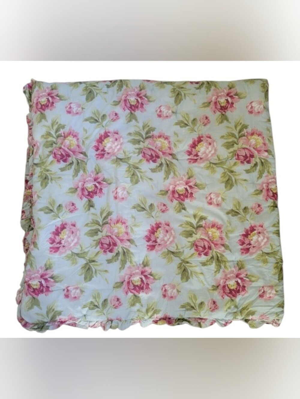 Pottery Barn Peony Floral Reversible Ruffle Comforter Pink, Green Std Shams HTF